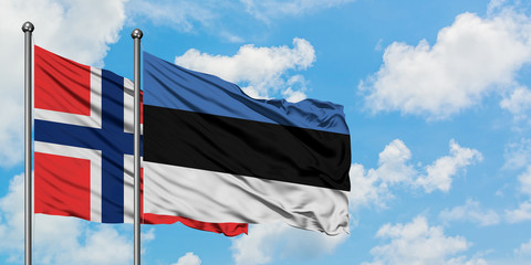 Bouvet Islands and Estonia flag waving in the wind against white cloudy blue sky together. Diplomacy concept, international relations.