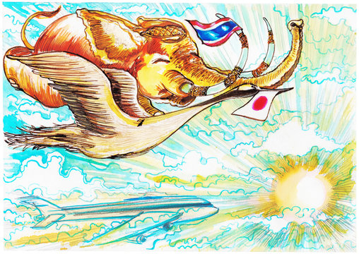 Thai elephant flying with Flamingo of Japan has flag airway symbol cartoon painting