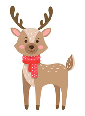 Vector illustration of cute cartoon reindeer wearing winter outfits on a white background. 
