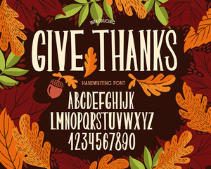 Font thanksgiving day. Typography alphabet with colorful autumn illustrations. - 300770455