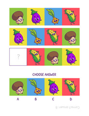Cute champignon, eggplant, onion, corn. Logic game for children preschool worksheet activity for kids, task for the development of logical thinking and mind. Funny cartoon fruits and vegetables.