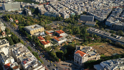 Fototapeta na wymiar Aerial drone photo of Byzantine And Christian Museum next to archaeological site of the Lyceum of Aristotle in the heart of Athens, Attica, Greece