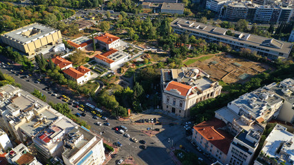 Aerial drone photo of Byzantine And Christian Museum next to archaeological site of the Lyceum of Aristotle in the heart of Athens, Attica, Greece