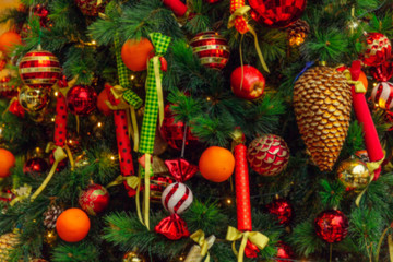 Christmas tree in Christmas decorations. Close-up. Background. Blurred.