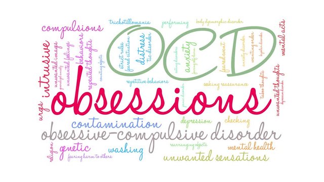 Obsessions animated word cloud on a white background. 