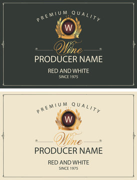 Set of two vector labels for red and white wine with golden coat of arms, crowns and calligraphic inscriptions in retro style
