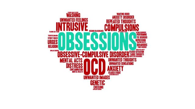 Obsessions with OCD animated word cloud on a white background. 