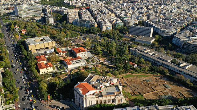 Aerial drone photo of Byzantine And Christian Museum next to archaeological site of the Lyceum of Aristotle in the heart of Athens, Attica, Greece
