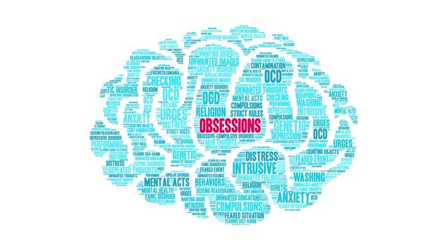 Obsessions Brain animated word cloud on a white background. 