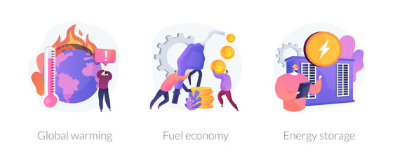 Greenhouse effect, climate change, petroleum industry, electrical power plant icons set. Global warming, fuel economy, energy storage metaphors. Vector isolated concept metaphor illustrations