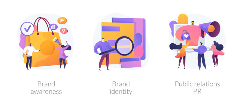Commercial advertising service, company recognition, public relations management icons set. Brand awareness, brand identity, pr metaphors. Vector isolated concept metaphor illustrations
