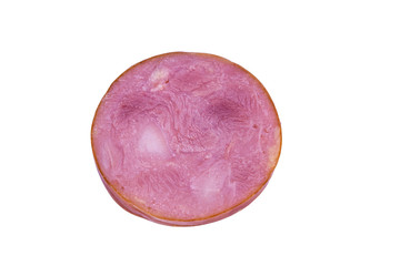 Sliced piece of sausage isolated on a white background