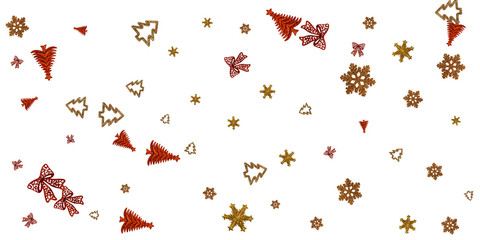 Christmas Pattern Red. Xmas celebration pattern isolated on white background. New Year gold decoration. Flat lay design. Copy Space