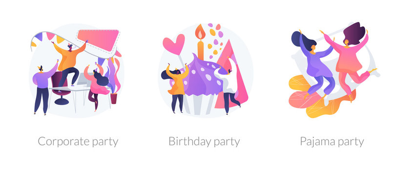 Office celebration, anniversary congratulations, girlfriends sleepover icons set. Corporate party, birthday party, pajama party metaphors. Vector isolated concept metaphor illustrations