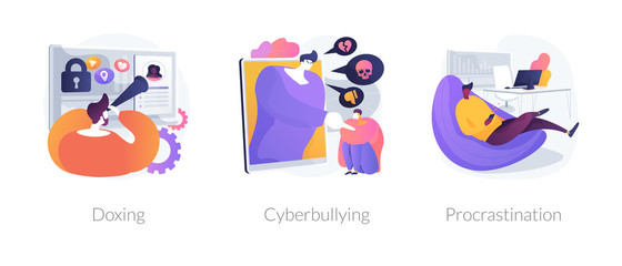 Fototapeta premium Online privacy violation, internet harassment problem, task delay and laziness icons set. Doxing, cyberbullying, procrastination metaphors. Vector isolated concept metaphor illustrations
