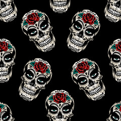 Vector hand drawn colorful seamless pattern of Day Of The Dead Skull. Skull sugar flower. Skull tattoo on black back ground.