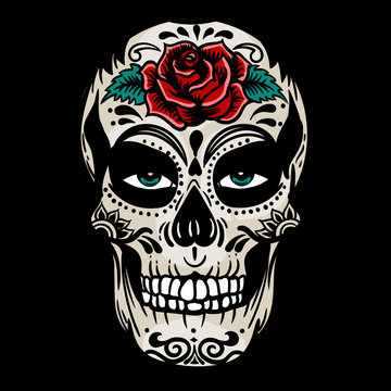 Vector hand drawn colorful illustration of Day Of The Dead Skull. Skull sugar flower. Skull tattoo isolated on black back ground.