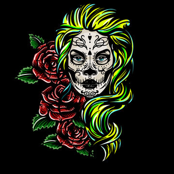 Vector hand drawn colorful tattoo illustration of skull girl with roses. Skull sugar flower. Skull tattoo isolated on black background.Day Of The Dead Skull.