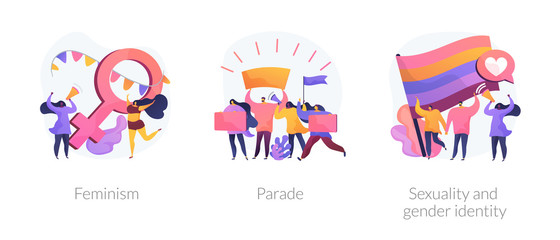 Women empowerment movement, gay pride demonstration, asserting rights icons set. Feminism, parade, sexuality and gender identity metaphors. Vector isolated concept metaphor illustrations