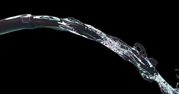 Transparent liquid pouring slow motion animation. Liquid drops and splashes twirl realistic 3d footage. Crystal clear water flowing isolated on black background. Fluid streaming dynamic video