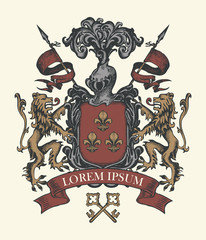 Fototapeta na wymiar Vector heraldic Coat of arms in vintage style with knightly shield, armor, helmet, spears, lions, ribbon, keys and fleur de lis. A medieval heraldry, emblem, sign, symbol. Old hand-drawn illustration.