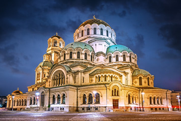 Fototapeta na wymiar The Saint Alexander Nevsky Cathedral at night in Sofia, Bulgaria