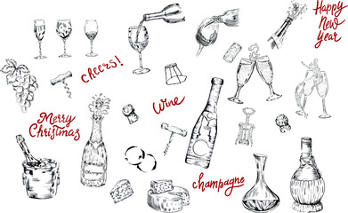 set of elements for design. wine, corks, corkscrews, wine glasses , wine smears, champagne, prosecco, lettering  