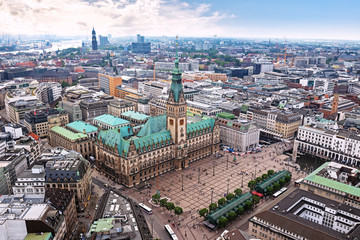 Fototapeta na wymiar Downtown of Hamburg with the view of town hall, aerial panorama, Germany