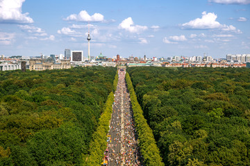 Aerial view of Berlin with Strasse des 17 Juni and Brandenburger Tor during the Christopher Street Day