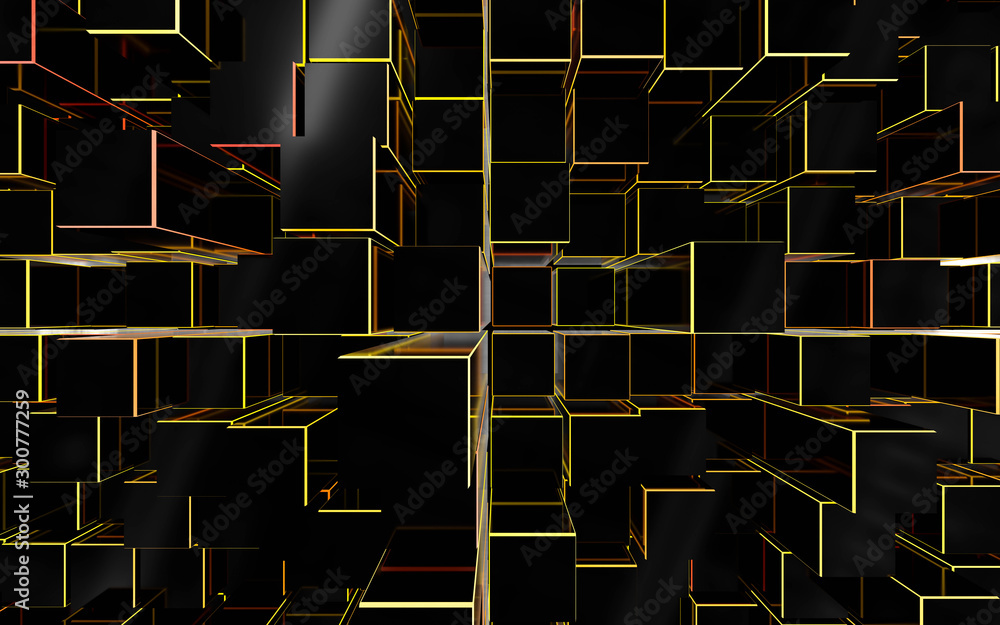 Aufkleber futuristic 3d render illustration technology background. abstract structure with yellow and red glow