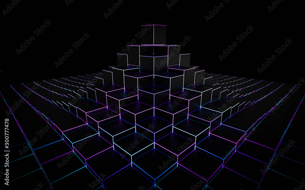 Poster futuristic 3d render illustration technology background. abstract structure with cyan and violet glo