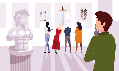 group of people in contemporary art gallery, exhibition visitors viewing modern abstract paintings