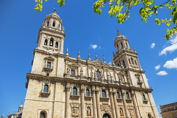 Fototapeta na wymiar Cathedral of Jaen in the frame of green leaves, Andalusia, Spain