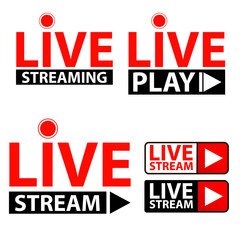 Set of live streaming icon. Red button live web tv online broadcasting. Online stream template, Isolated on white background. Vector illustration for show performance, video, logo. Play media news tag