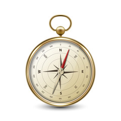 Vector 3d Realistic Metal Golden Antique Old Vintage Compass with Windrose Icon Closeup Isolated on White Background. Design Template. Travel, Navigation Concept. Front View