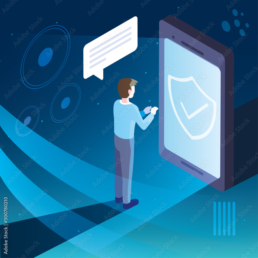 Poster man with smartphone screen and mobile applications