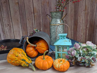 A still life of Pumpkins and a candle lamp
