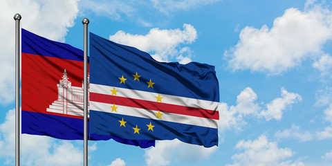 Cambodia and Cape Verde flag waving in the wind against white cloudy blue sky together. Diplomacy concept, international relations.