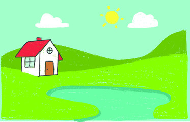 Naklejka premium Vector kid's illustration of green landscape of sunny morning with a cute house on the hills