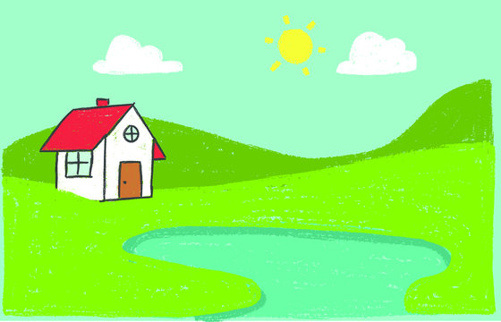 Vector kid's illustration of green landscape of sunny morning with a cute  house on the hills
