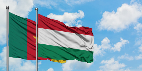 Cameroon and Hungary flag waving in the wind against white cloudy blue sky together. Diplomacy concept, international relations.