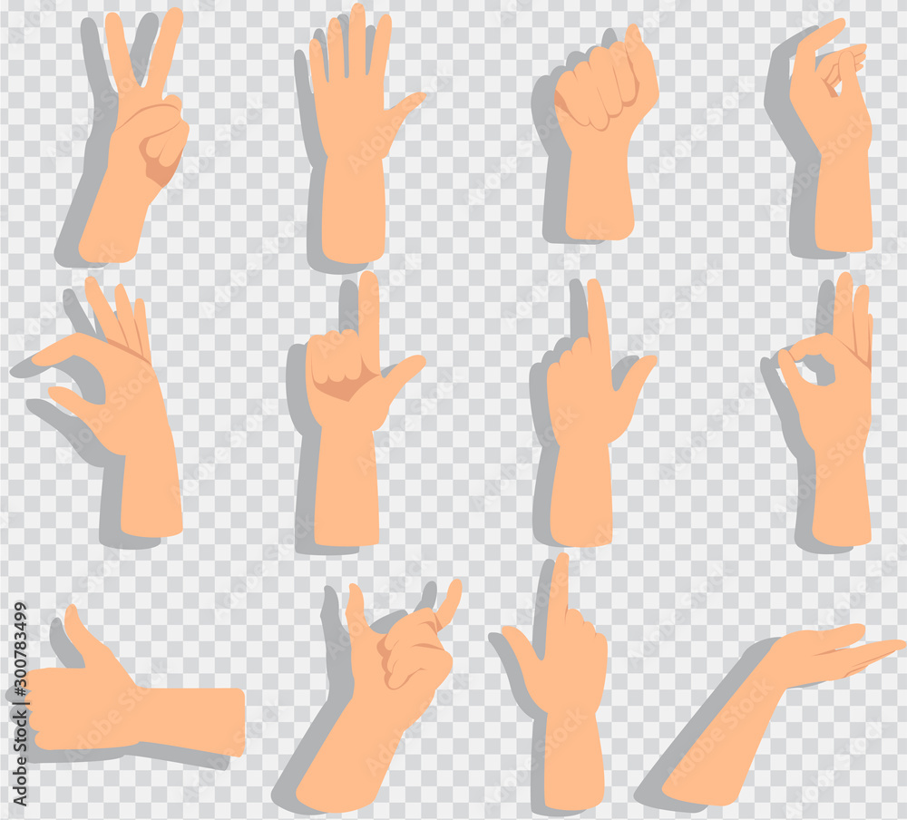 Poster set of hands showing different gestures isolated on a white background. vector flat illustration of 