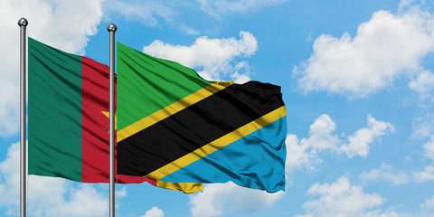 Cameroon and Tanzania flag waving in the wind against white cloudy blue sky together. Diplomacy concept, international relations.
