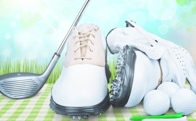 Pair of Golf Shoes with Glove, Ball, Tees and Golf Driver