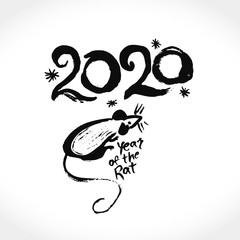 Hand drawn Rat 2020. Handwritten round template dry brush painted rat 2020. Year of the rat in the Chinese calendar. Imitation of painting with brush. Chinese New Year.