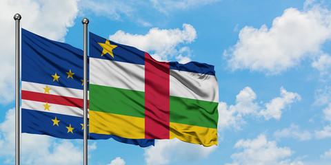Cape Verde and Central African Republic flag waving in the wind against white cloudy blue sky together. Diplomacy concept, international relations.