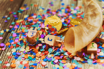 Jewish holiday Dreidel still life composed of elements the Chanukah Hanukkah festival.
