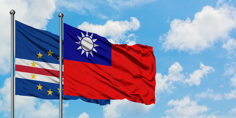 Cape Verde and Taiwan flag waving in the wind against white cloudy blue sky together. Diplomacy concept, international relations.