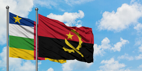 Central African Republic and Angola flag waving in the wind against white cloudy blue sky together. Diplomacy concept, international relations.
