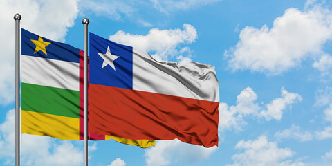 Central African Republic and Chile flag waving in the wind against white cloudy blue sky together. Diplomacy concept, international relations.
